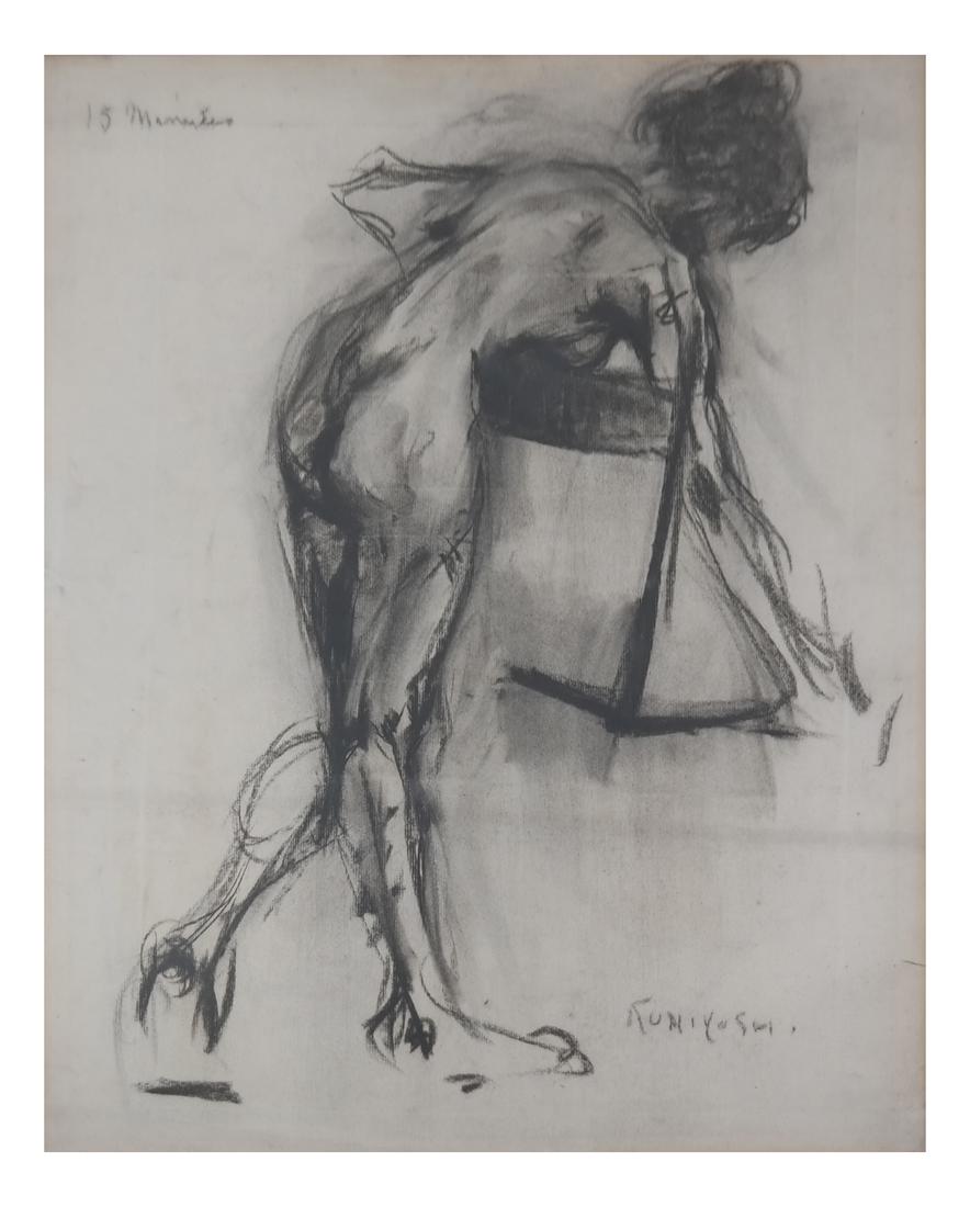Yasuo Kuniyoshi, Female Nude: Framed double sided charcoal drawing depicting two female nudes. Previously at Christie's, date not referenced. Dimensions: Art: 24" H x 18" W; Frame:&nbs