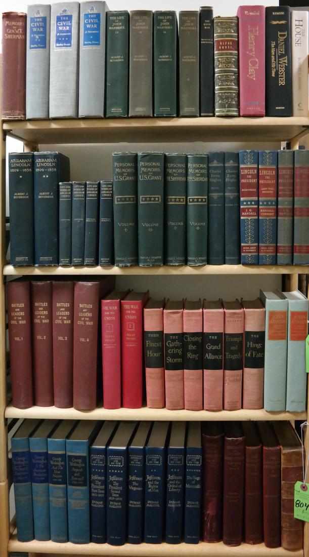 55+ Leather Bound Volumes: Approximately 55 leather bound volumes including subjects: Civil War, Presidents Washington, Lincoln and Grant; Sheridan, Adams, John Marshall, Winston Churchill, Federalists, more.