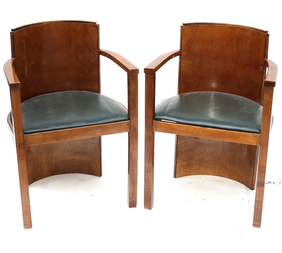 Pair of Art Deco Curved Back Chairs: Pair of walnut chairs with low curved backs. Dimensions: 20.5" W x 17" D x 30.25"H; to seats - 17" H ; 