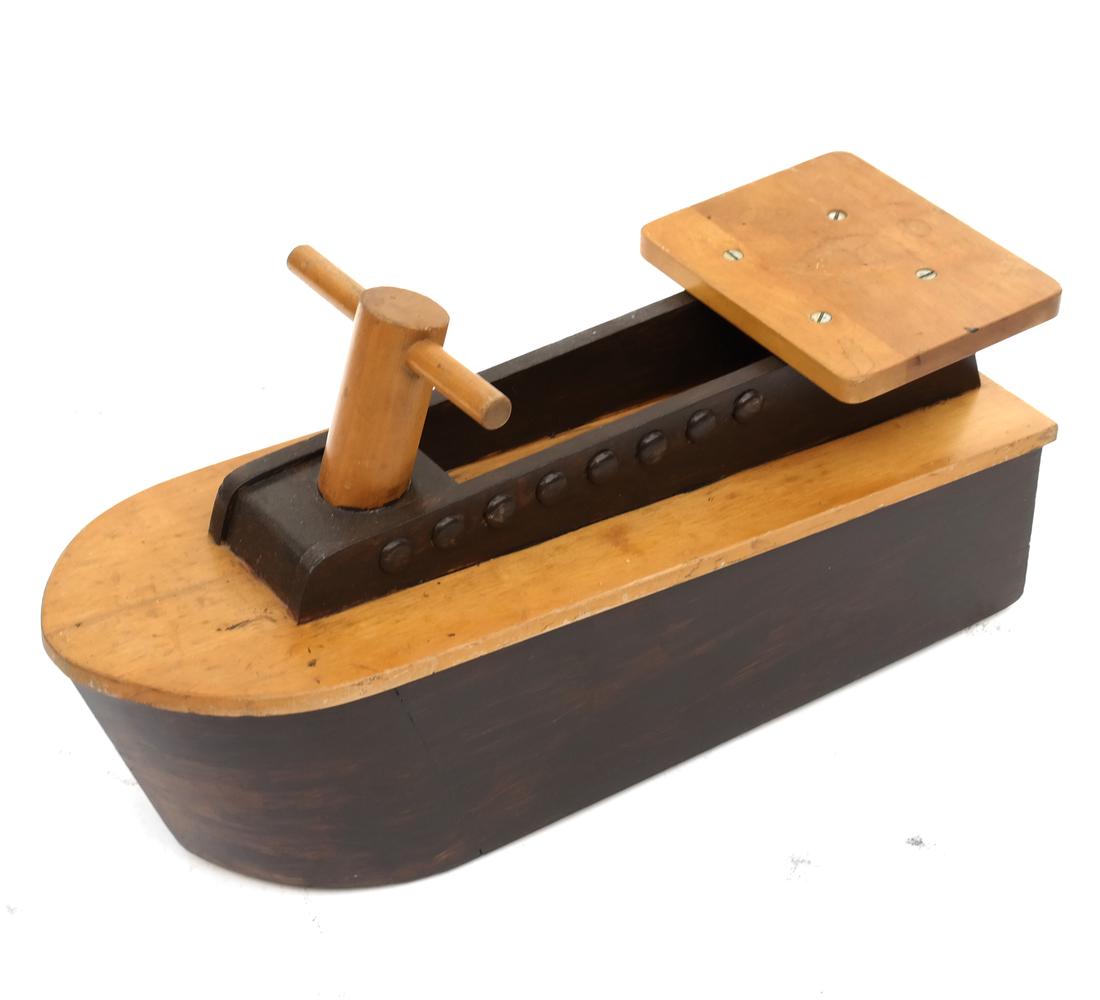 Wooden Toy Boat on Wheels: Wooden toy boat on wheels. Dimensions: 8.5" W x 24" D x 10.5"H; 