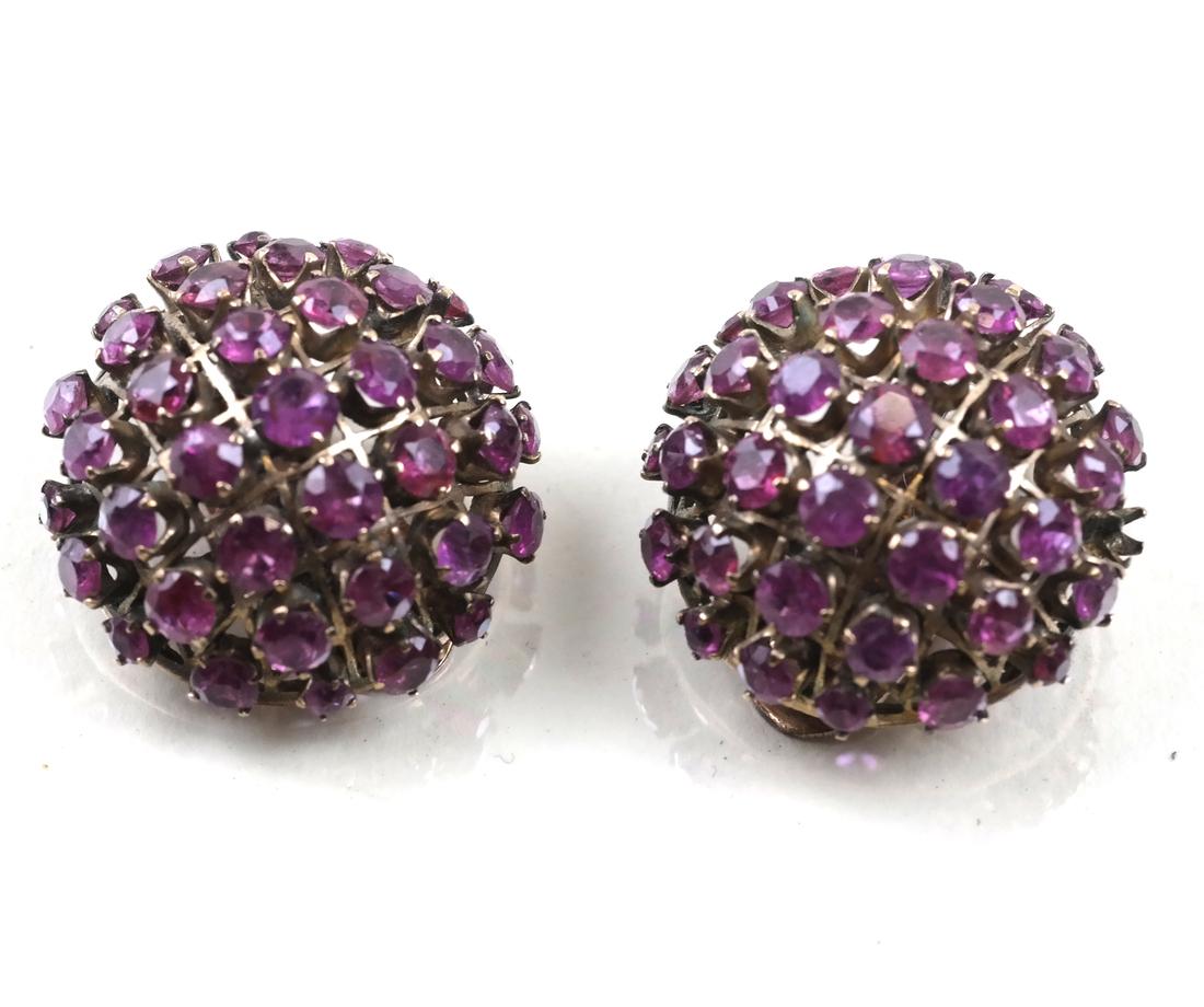 Vintage 10k Ruby Clip Earrings: Vintage 10k ruby clip earrings, cluster button design. 7.5 dwt.