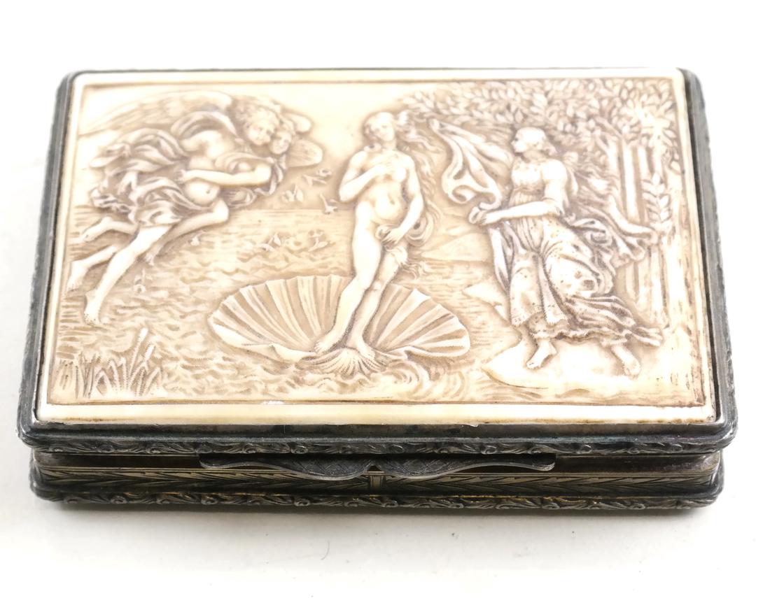 .800 Silver Compact: .800 silver compact fitted with the Birth of Venus celluloid top and all-around filigree.