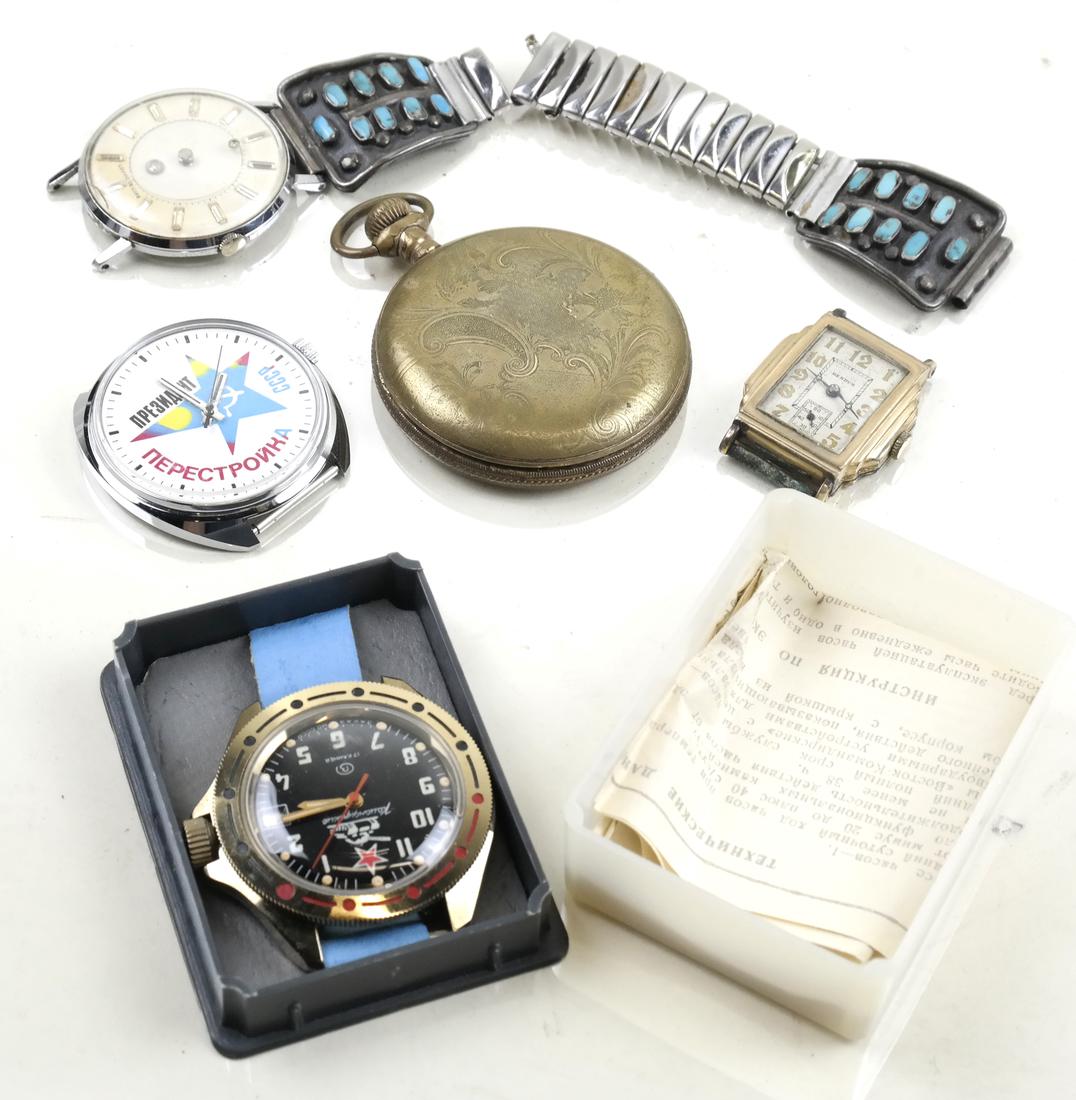 5 Watches, Two Russian, Louvic De Luxe, Elgin, Benrus: Group five watches comprised of two Russian wrist watches, a Louvic De Luxe with turquoise band, a Benrus, and an Elgin pocket watch.