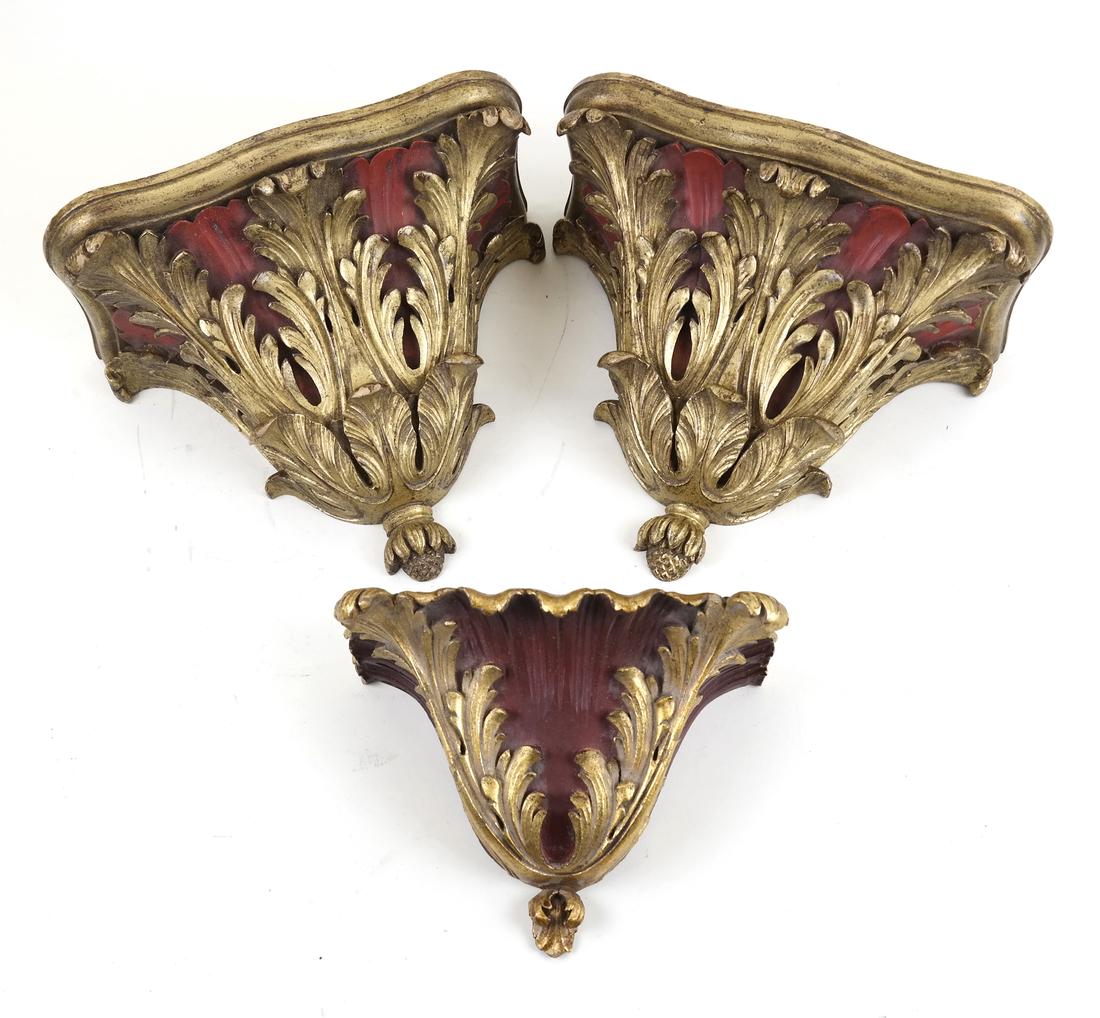 Pair of Vintage Venetian-Style Brackets With Another: Pair of polychrome and gilt Italian Venetian-style sconces, accompanied by a similar one. Dimensions: Smallest - 7" W x 3.5" D x 5"H; 