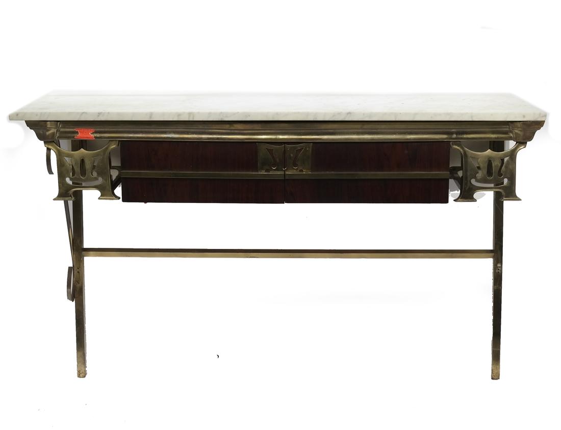 Art Nouveau Bronze and Rosewood Marble Top Console: Free standing retrofitted wall mounted console with two drawers below a bronze gallery with carrara marquetry. Raised on bronze legs. Dimensions: 54" L x 13.75" D x&