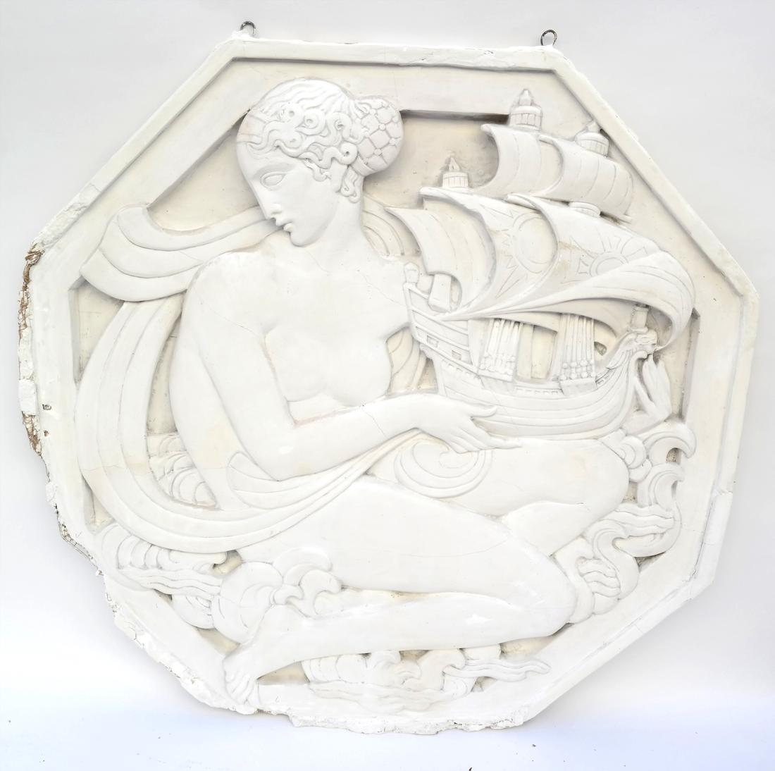 Allegorical Plaster Relief: Plaster relief of a nude female holding a clipper ship. Dimensions: 44" ⌀ x 1" D; 