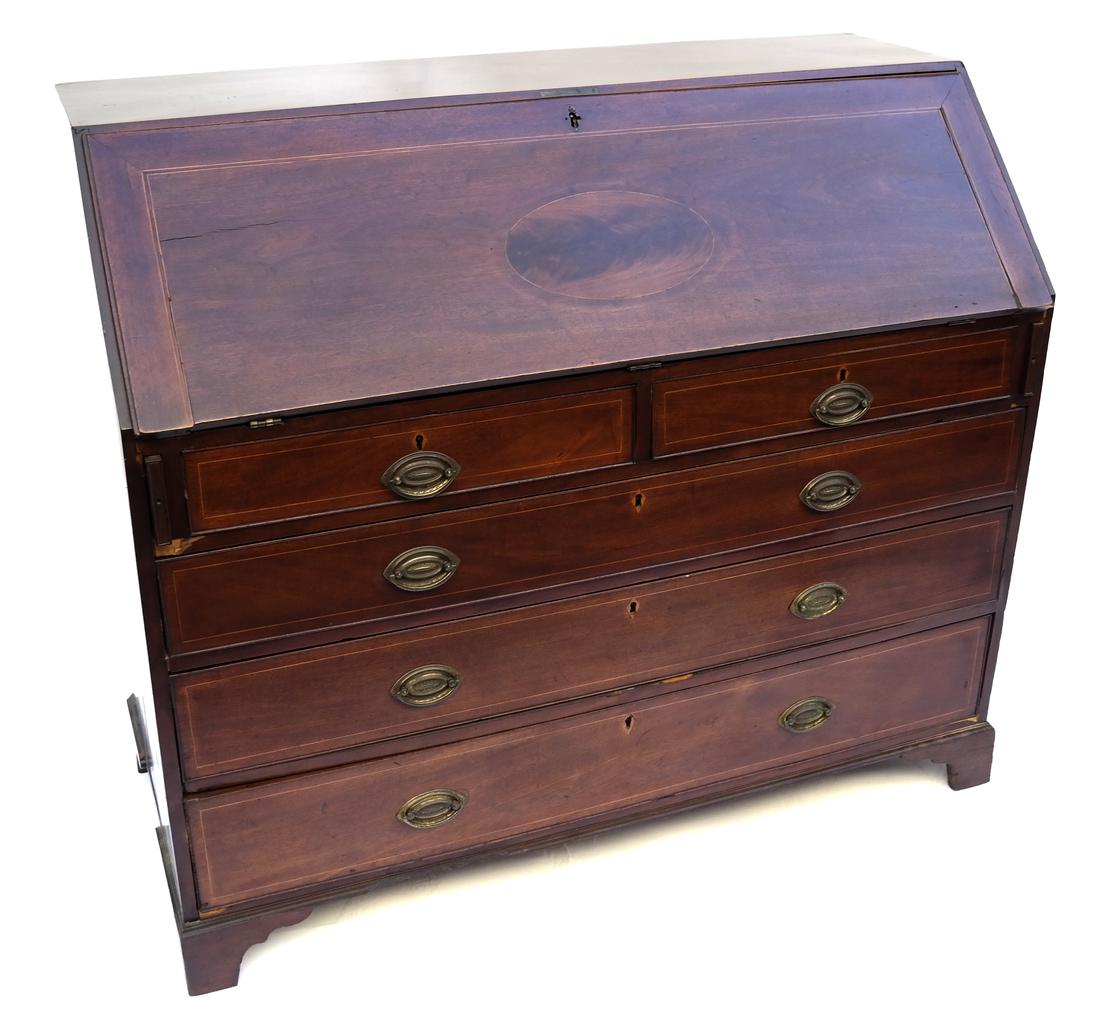English Pencil Inlay Slant Front Desk: English pencil inlay slant front desk. Dimensions: 48" W x 22" D x 41.5"H; 