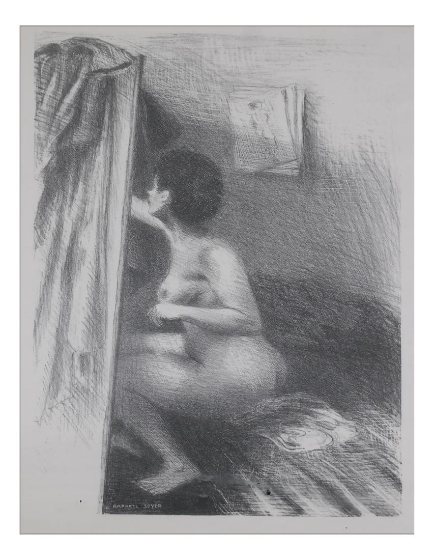 Raphael Soyer, "In the Studio" - Pencil and Aquatint: Framed seated nude, signed lower left. Dimensions: Art: 14.25" H x 10" W; Frame: 21.75" H x 17" W; 