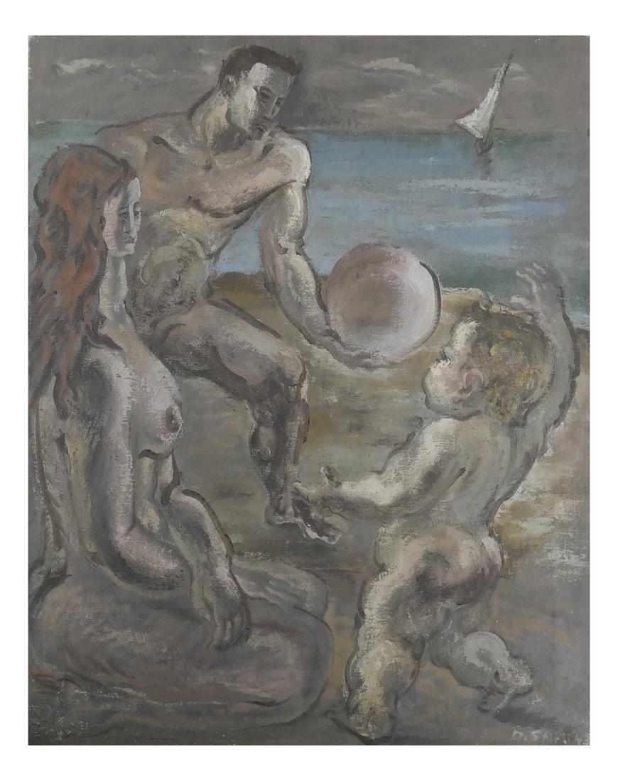 D. Stuart, Family Beach Scene - Oil on Canvas: Unframed oil on canvas of a family on the beach. Dimensions: 28" H x 23" W; 