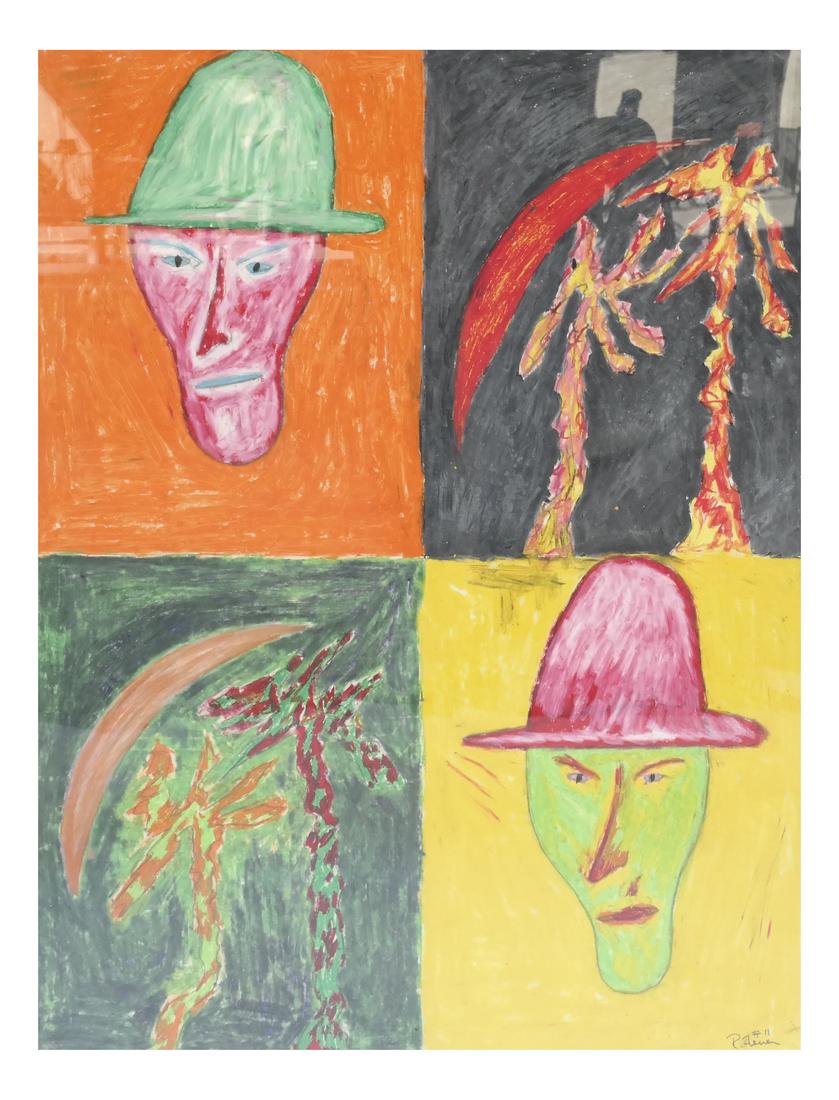 Rafael Ferrer, Trees and Faces - Mixed Media: Framed mixed media on paper of four panels of faces and palm trees. Signed lower right. From the Estate of Jose Ferrer. Dimensions: Art: 22" H x 30" W; Fr