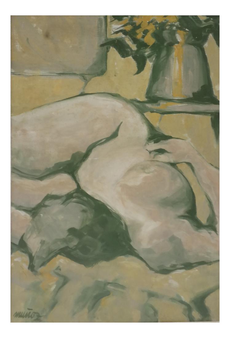Munoz, Nude Woman, Oil on Canvas: Munoz, signed in the lower right. Nude woman reclining, oil on canvas. Dimensions: Art: 35" H x 24" W; Frame: 40" H x 28.5"&