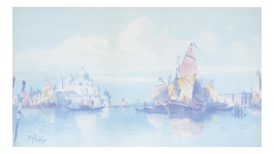 Venetian Canal Scene: Venetian canal scene of Santa Maria della Salute, watercolor on paper. Signed illegibly in lower left corner, matted and framed with paper label, "Plaza." Dimensions: Sight: 11.25"&nbs