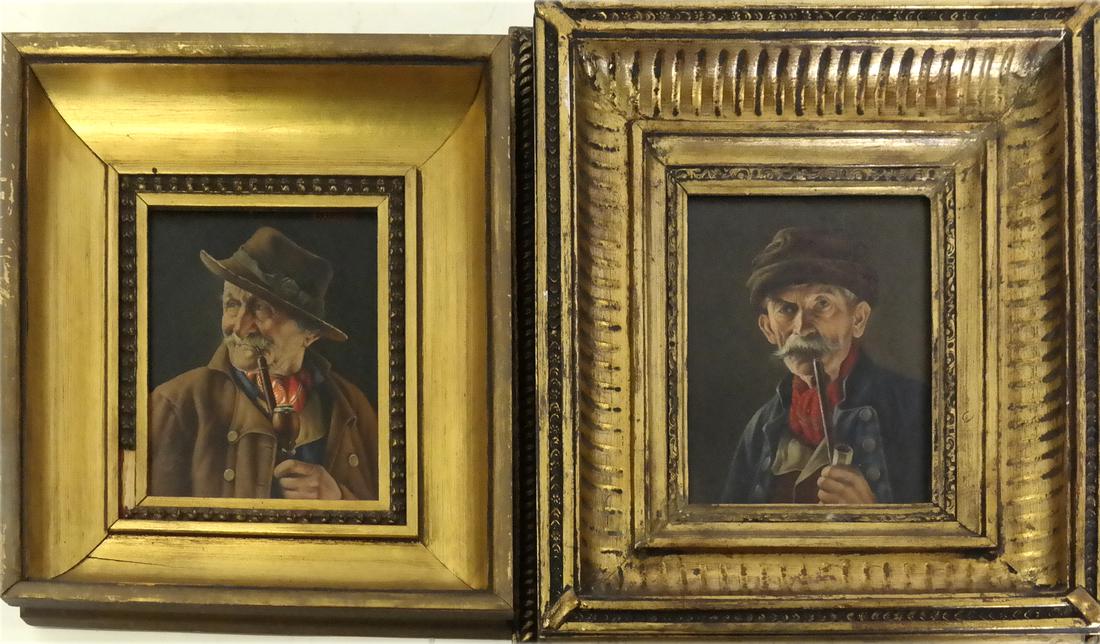 Franz Xavier Wolfle, Men With Pipes - Oils on Board: Franz Xavier Wolfle oils on board depicting men with pipes. Signed upper right. Dimensions: Art: 6.5" H x 5" W; Frame: 12.5" H x 