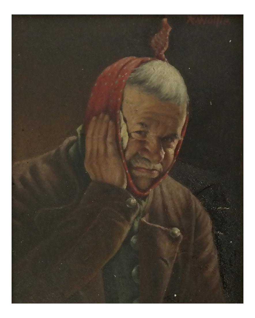 Franz Xavier Wolfle, Man With Toothache - Oil on Board: Franz Xavier Wolfle oil on board depiction of a man with a toothache. Signed upper right. Dimensions: Art: 6.5" H x 5" W; Frame: 12.5" H&nb