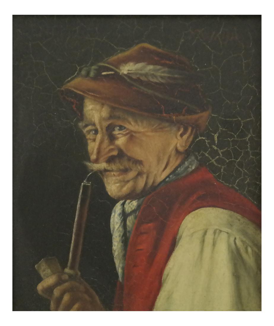 Franz Xavier Wolfle, Man With Pipe - Oil on Board: Franz Xavier Wolfle oil on board depicting a man with pipe. Signed upper right. Dimensions: Art: 7" H x 5.5" W; Frame: 14" H x 12