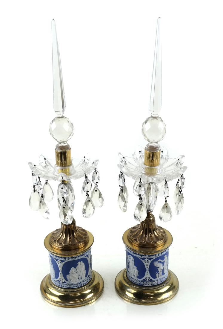 19th Century Bronze Jasperware Girandoles: Pair of single-light French girandoles. Dimensions: 4" ⌀ x 16" H; 