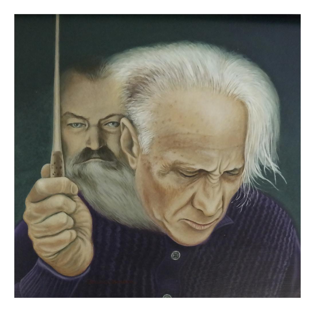 Ralph A. Charletta, "Horenstein": Tempera on masonite, original album art for "Horenstein: Brahms/symphony No. 1 / The London Symphony Orchestra" Signed bottom center left "Ralph A. Charletta". [Art: 14 1/4" Sq; on masonite: 16" Sq]. 