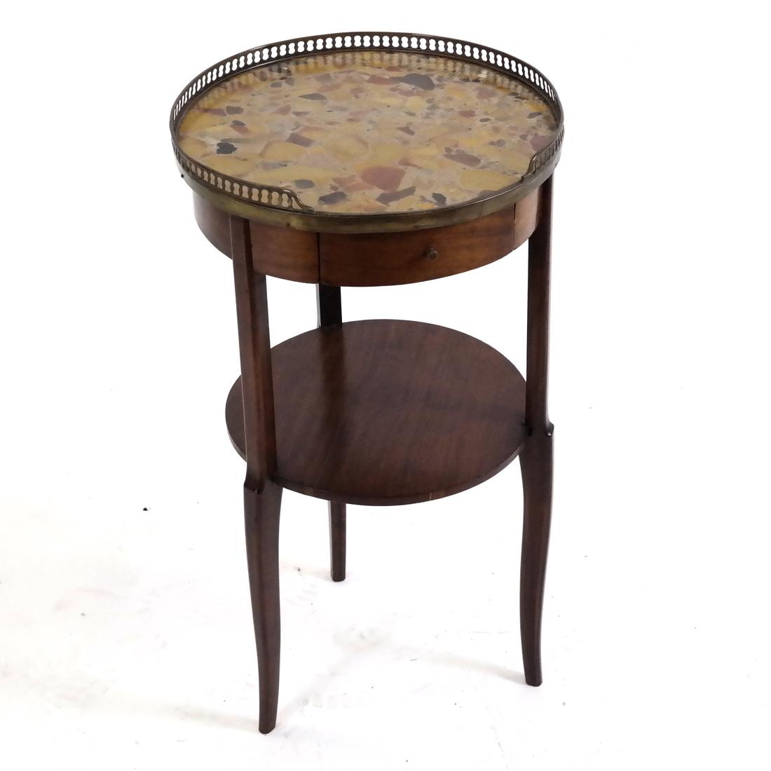 French Side Table: French side table with reticulated gallery and drawer.