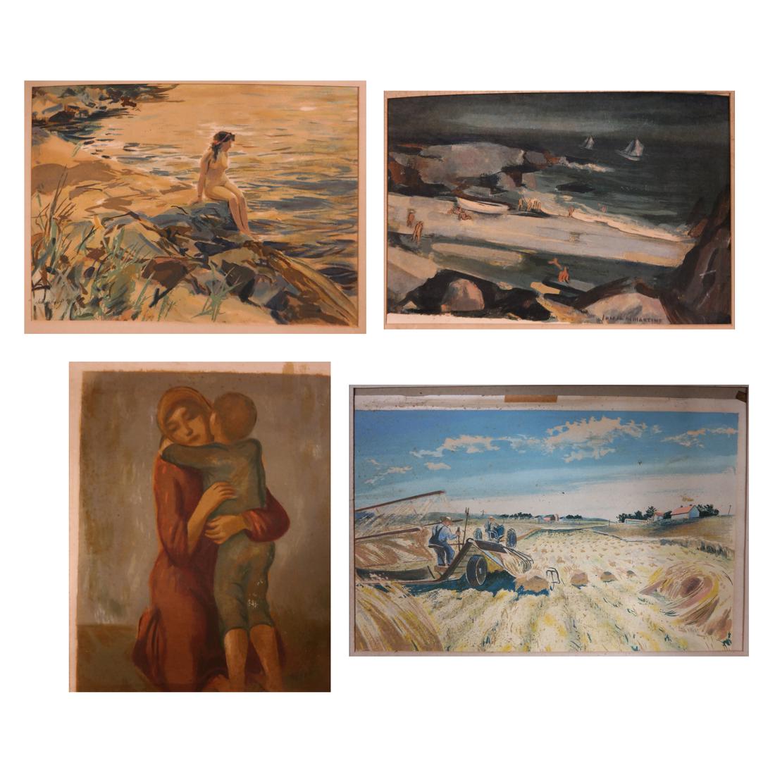 Four Assorted Unframed Paintings: Four assorted unframed paintings including: 1.) Female nude on rocks by John Wharf, 2.) Nude figures bathing by Joseph, 3.) Mother and child, unsigned, 4.) Farmers, by Bruce Mitchell. Dimensions: 22&q