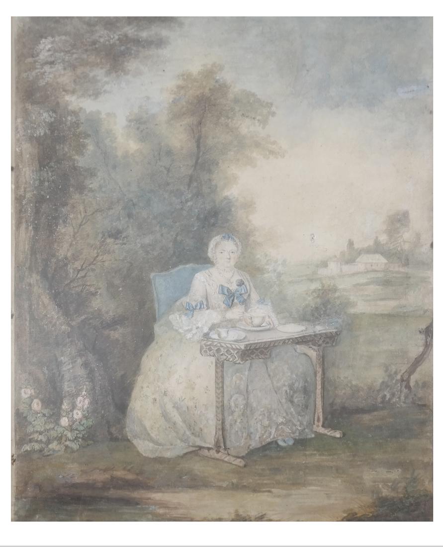 Manner of Boucheron, French Watercolor: French watercolor depicting a lady seated in a garden at tea, in the manner of Boucheron. Dimensions: Art: 15" H x 13" W; Frame: 19" H 