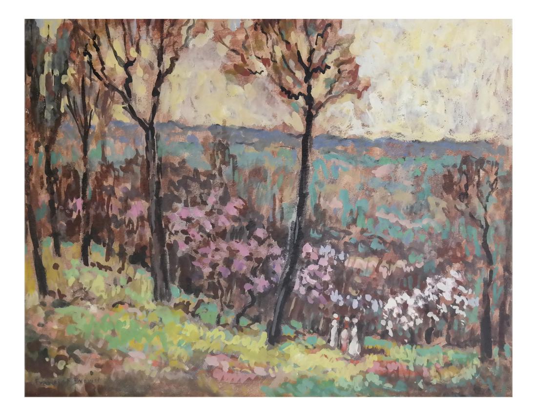 Francis Brown, Impressionist Landscape: Francis Focer Brown (American 1891-1971), Tempera oil on panel depicting women in a wooded landscape. Dimensions: Art: 15.5" H x 20" W; Frame: 22.5&q