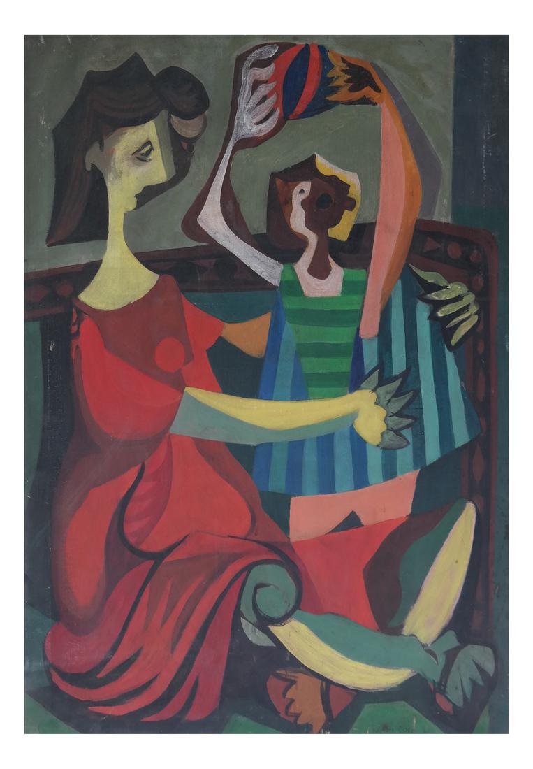 William Rose, Cubist Oil on Canvas: Oil on canvas cubist abstract depicting figures. Signed lower right. Unframed. Dimensions: 36" H x 24" W; 