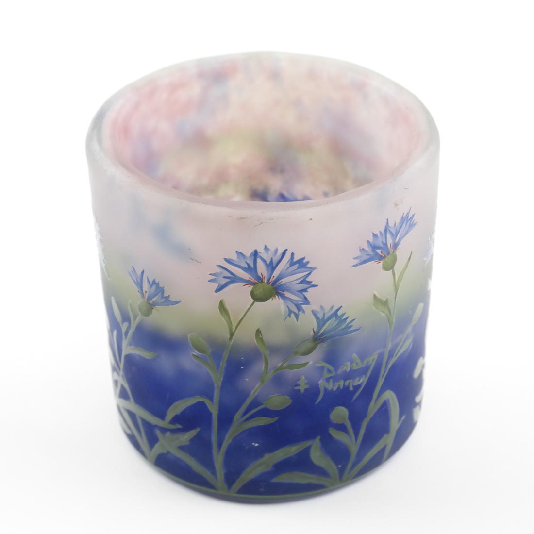 Daum Nancy, Cornflowers - Vase: Art glass vase, signed "Daum Nancy". Bears Sotheby's label 214. Dimensions: 4" H x 3.5" W; 