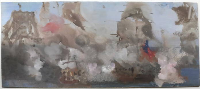 David Fertig, "The Battle of the Nile" - Oil on Board: Unframed oil on artist board, signed upper right. From the Estate of Liz Claiborne and Arthur Ortenberg. Dimensions: 13" H x 29.25" W; 