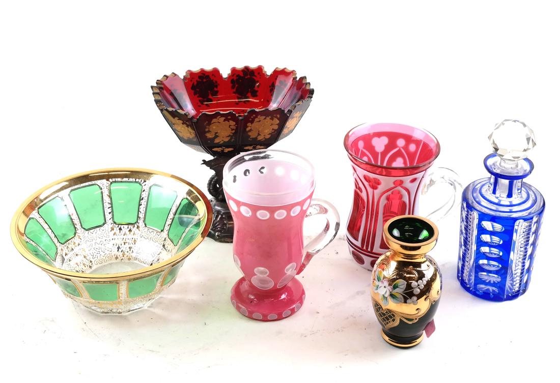 Group of 6 Bohemian Glass Objects and other. (1 of 8)
