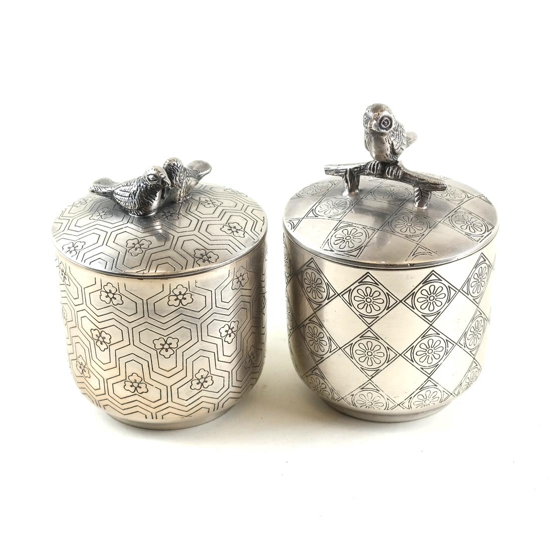 Pair of Pewter Bird Motif Covered Sugar Bowls (1 of 7)