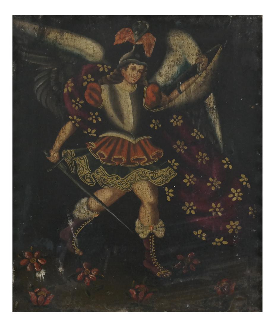 Antique Archangel, Oil on Canvas: Primitive scene in gilt frame. Dimensions: Art: 11" H x 8" W; Frame: 16" H x 13.25" W; 