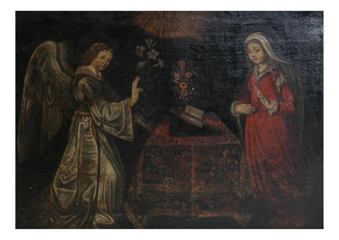 Spanish Colonial, "The Annunciation," Oil on Canvas (1 of 7)