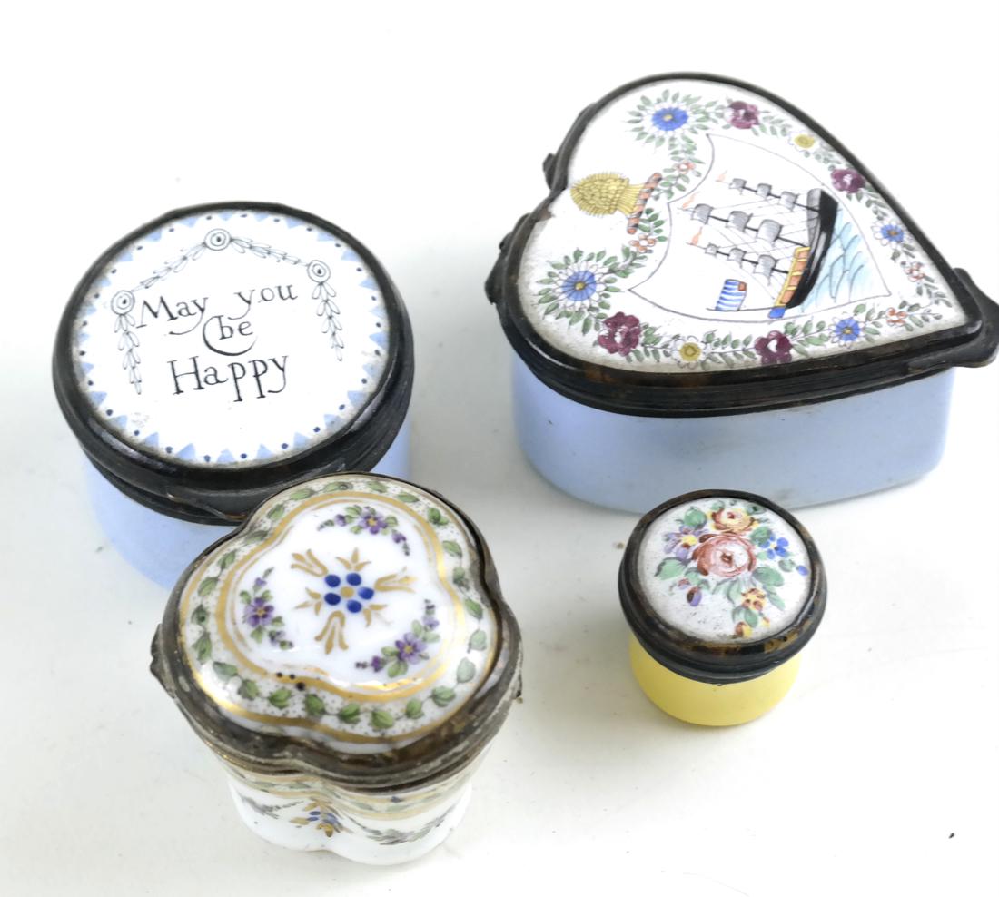 Four Enamel and Porcelain Decorated Pill Boxes (1 of 5)