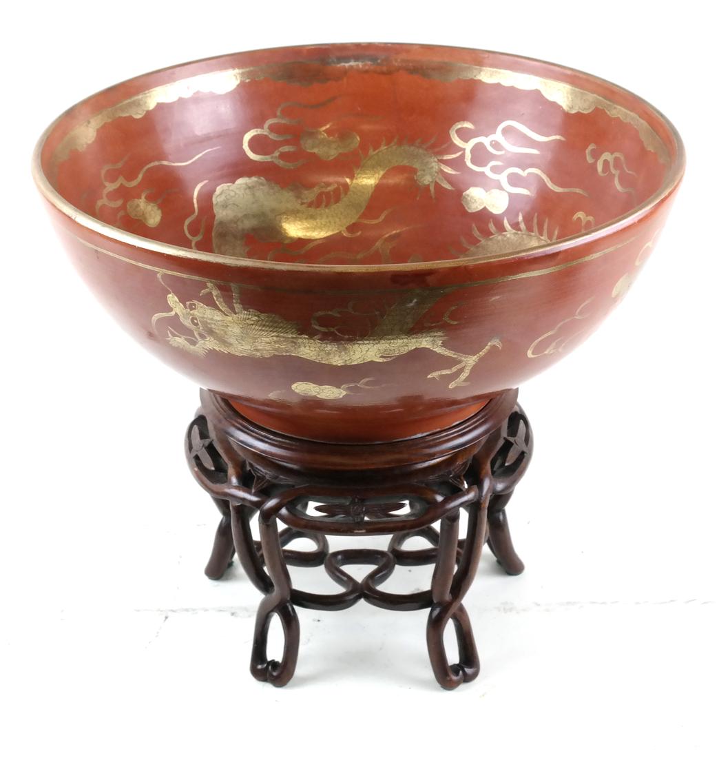 Antique Red Chinese Bowl on Stand (1 of 6)