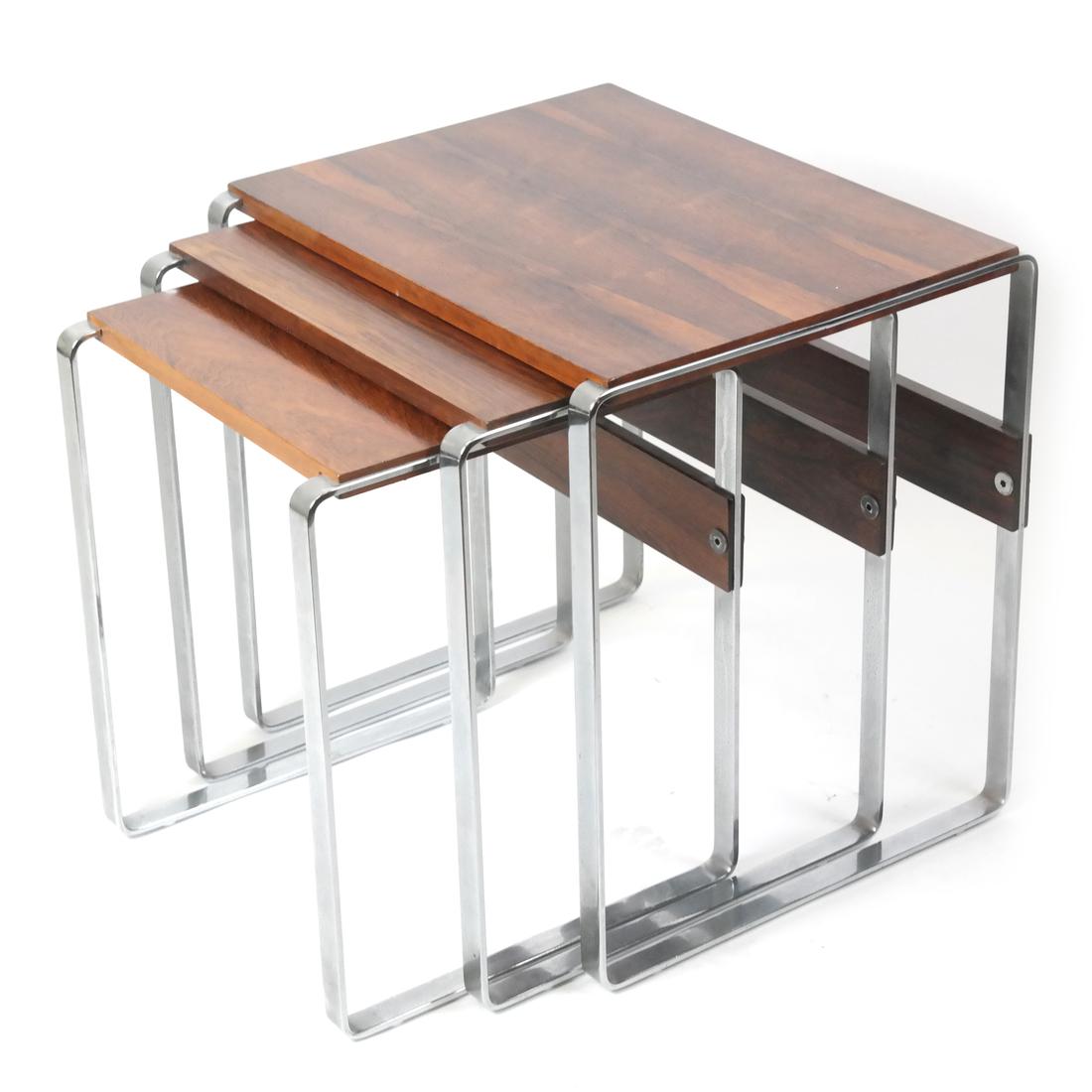 20th Century Modern Nesting Tables, Herman Miller Style: Set of three chrome and wood nesting tables in the manner of Herman Miller. Dimensions: 20" W x 16.75" D x 19.75"H; 