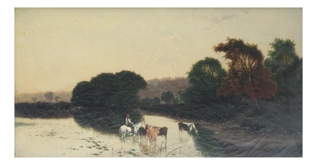 Henry J.W. Boddington, "Watering" - Oil on Canvas: Framed work of a horseback rider and cows. Dimensions: Art: 10" H x 18" W; Frame: 15" H x 23" W; 