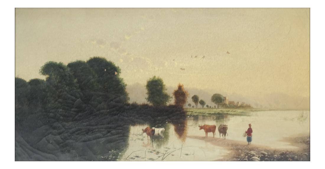 Henry J.W. Boddington, "Dawn" - Oil on Canvas: Framed work of figure and cattle at a river. Signed lower left. Dimensions: Art: 10" H x 18" W; Frame: 15" H x 23" W;&n