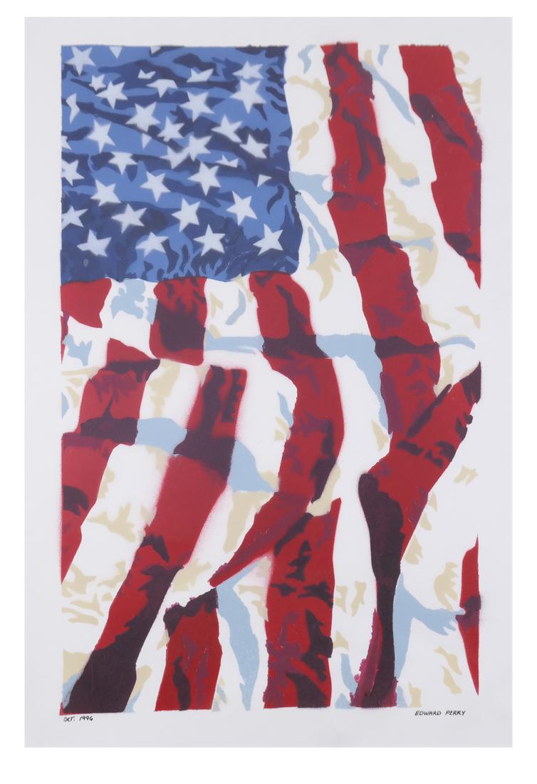 Edward Perry, "Flag" - Oct 1996: Airbrushed stencil "Flag Oct 1996." Dimensions: Art: 15" H x 10.5" W; Frame: 22.5" H x 17.5" W; 