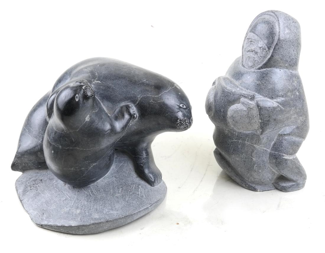 Two Inuit Sculptures: Seal Group, Figure With Vessel (1 of 5)