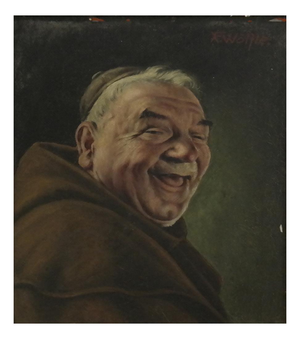 Franz Xavier Wolfle, Monk - Oil on Board: Franz Xavier Wolfle oil on board depiction of a monk. Signed upper right. Dimensions: Art: 9" H x 7" W; Frame: 14.5" H x 13"