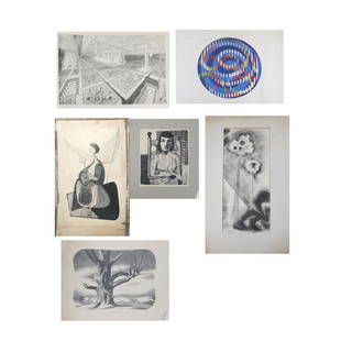 Agam Lithograph, Original Drawings, Early Etchings: 12+ works including Agam, Michelle Roberts, Ida Alealiran(?) , Walter Dubois Richards, John Merrill, Jupitor el Semete, William Wyman, Harriet Welding.