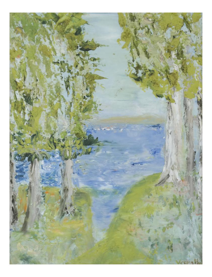 Impressionist Landscape Signed Verna (Illegible): A beach view from atop a cliff with birches. Signed illegibly.
