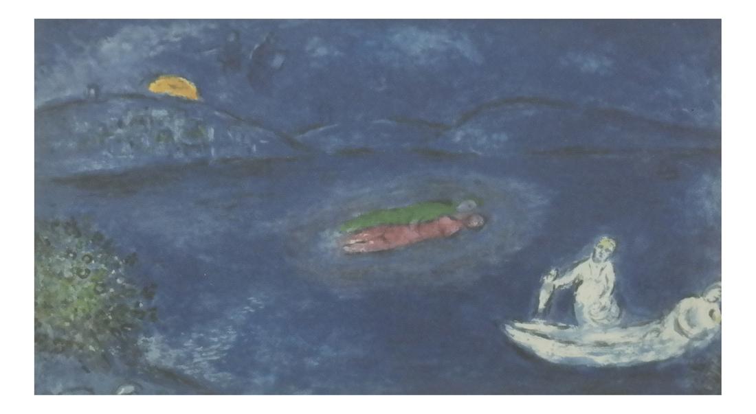Chagall-Style Oil Painting: Original oil on canvas in the style of Marc Chagall. Framed and matted under glass. Dimensions: Art: 5" H x 5" W; Frame: 13" H x 