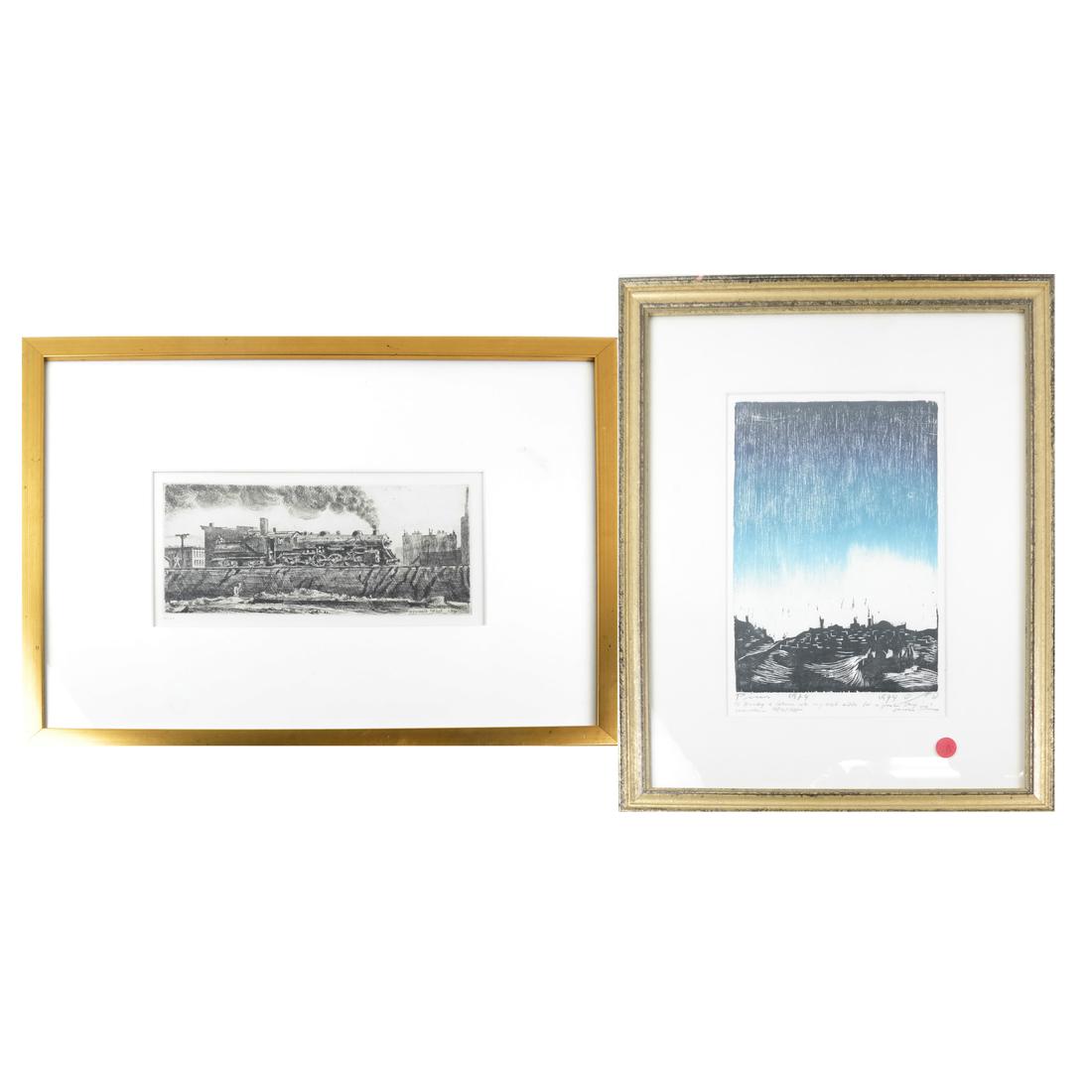 Reginal Marsh Etching: Locomotive, and Another: Reginald Marsh etching depicting a locomotive and a coal car by skid row. 2/100. Accompanied by a lithograph.