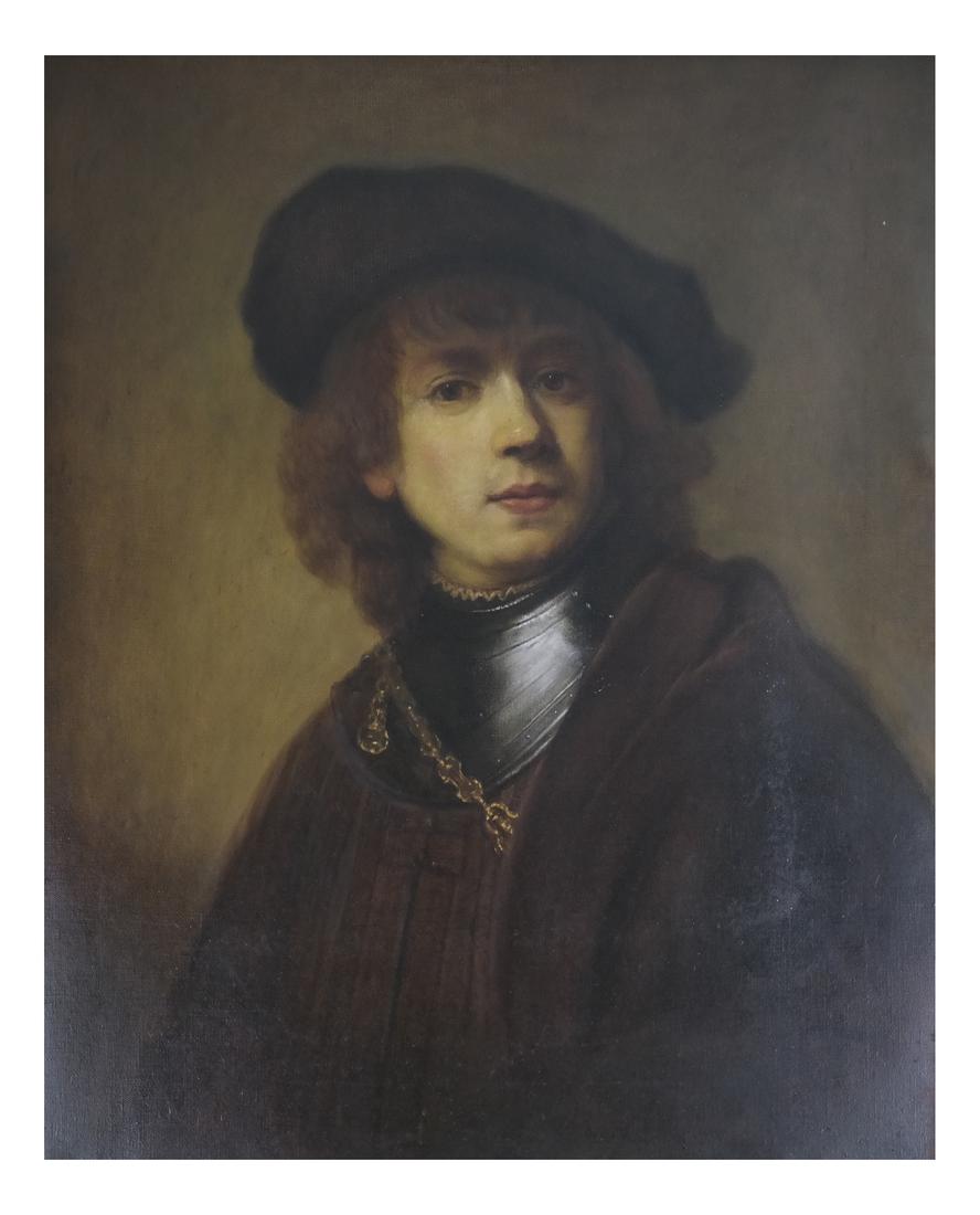A. Guerrieri, Portrait after Rembrandt - Oil on Canvas: Dutch style portrait of a young man wearing a black cap and neck armor. Inscribed on verso in Italian and signed "A. Guerrieri / copio." Back of frame retains a Christie's auction label imprinted "02 
