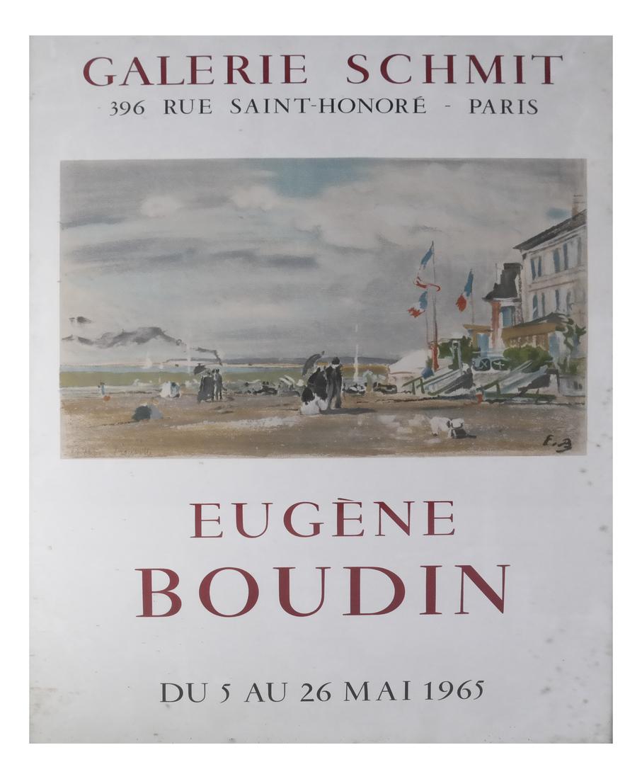 Vintage Exhibition Poster, Eugene Boudin: "Galerie Schmit, 396 Rue Saint Honore - Paris", 1965. Featuring one of Bourdin's pastels. Framed under glass. From the collection of Spencertown Art & Antique Company. Dimensions: Sight: 24