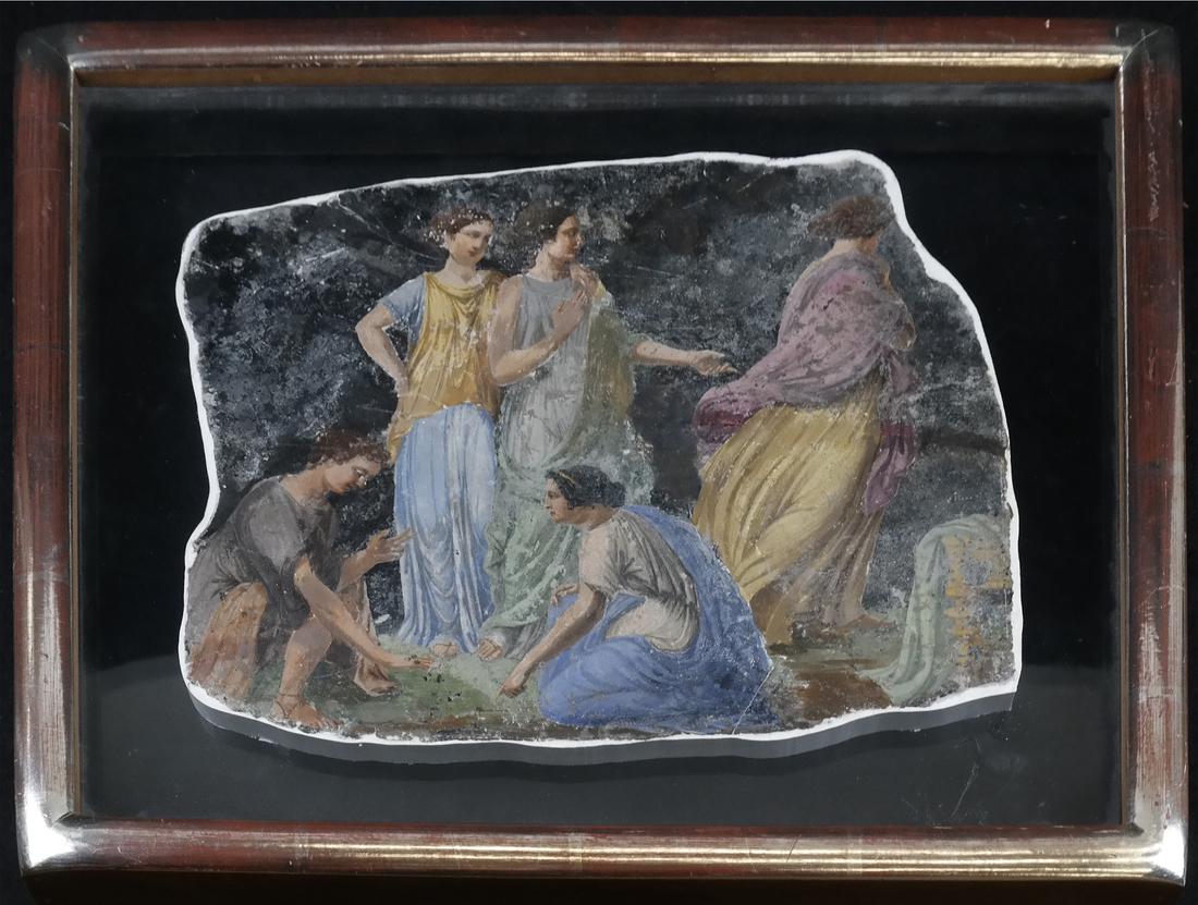 Roman-Type Fresco - Youths at Leisure: Fresco supported by plaster backing and suspended at sides by conforming clear acrylic. Depicts a group of five young men and women engaged in various social activities. All contained in a silvered wo