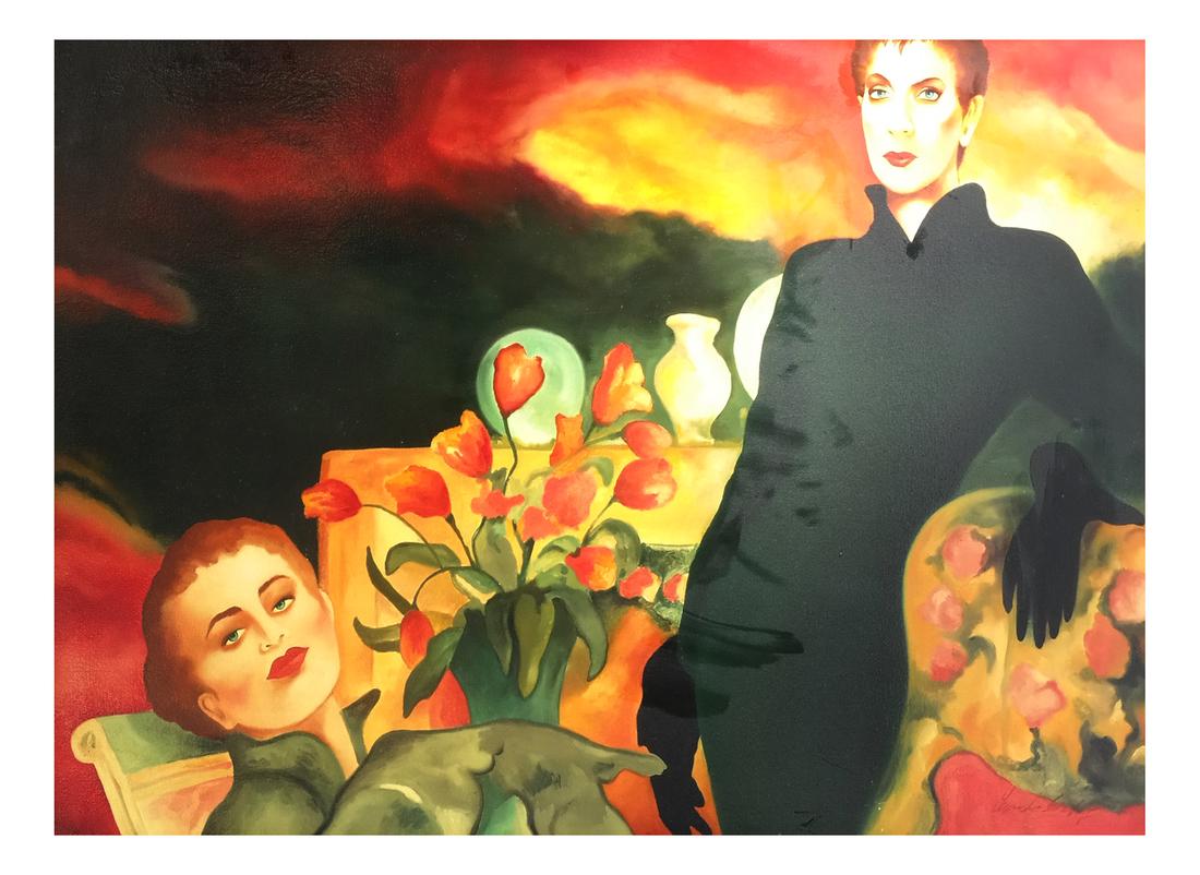 Contemporary Surrealist Acrylic on Canvas: Double portrait depicting two women, one reclining, the other standing against a dark green landscape with fiery sky. Sbrill. Inscribed on verso " To Rita Baller.." Dimensions: Art - 2