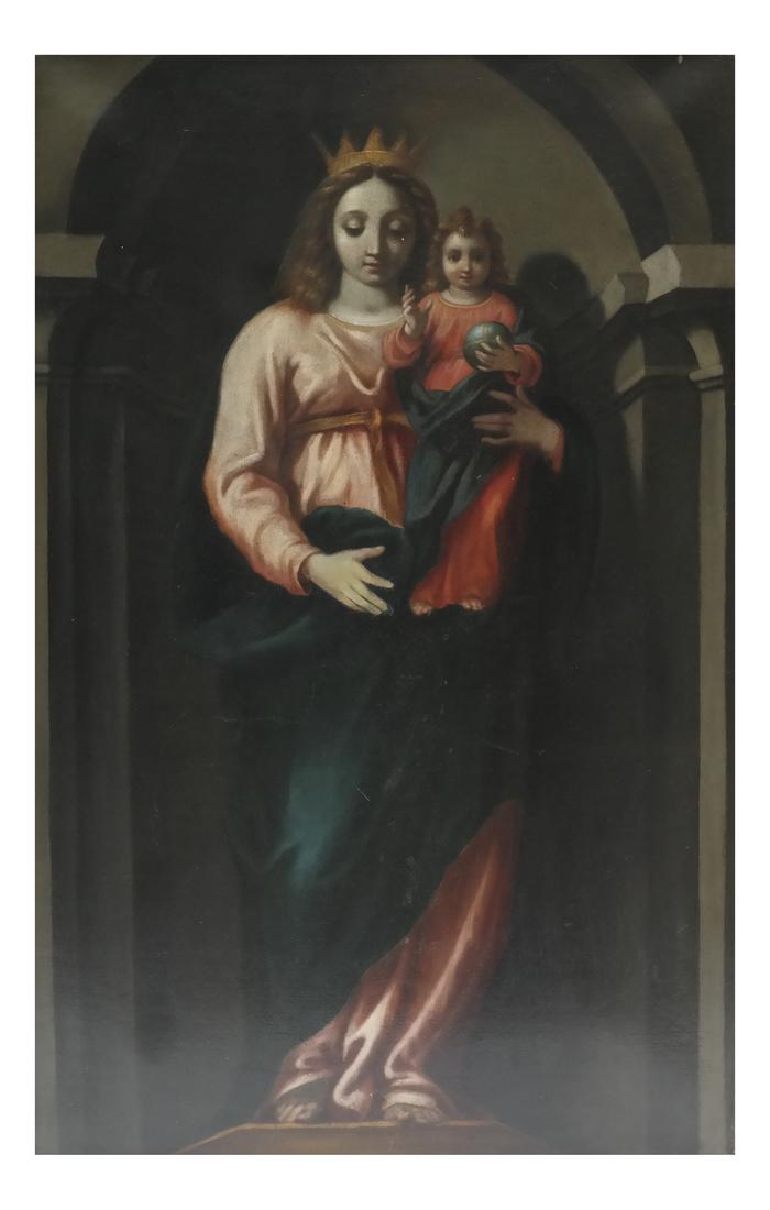 Madonna and Child, Oil on Canvas: An antique framed painting of the Blessed Mother with baby Jesus. Dimensions: Art: 45" H x 29" W; Frame: 51.5" H x 35.25"&nb