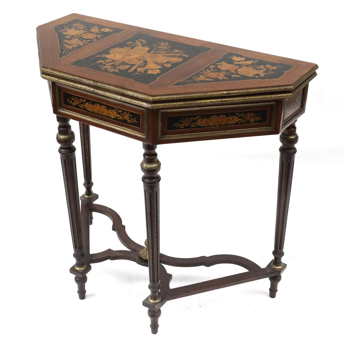 French-Style Floral and Scenic Inlaid Games Table (1 of 7)